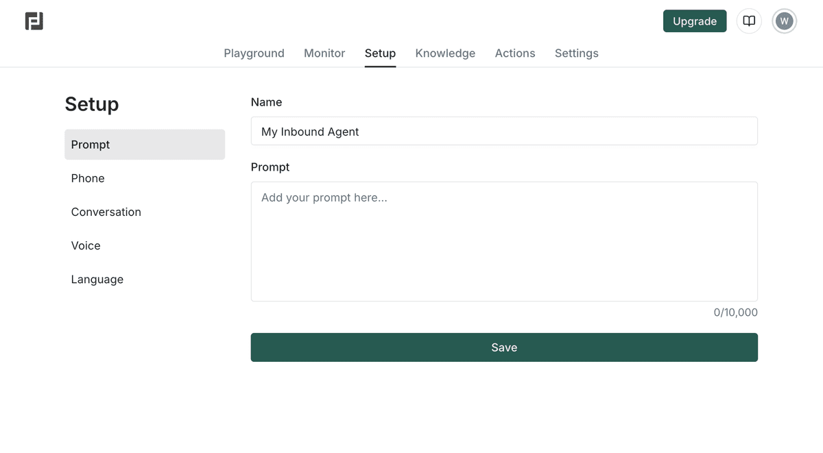 Dashboard for building custom phone agents
